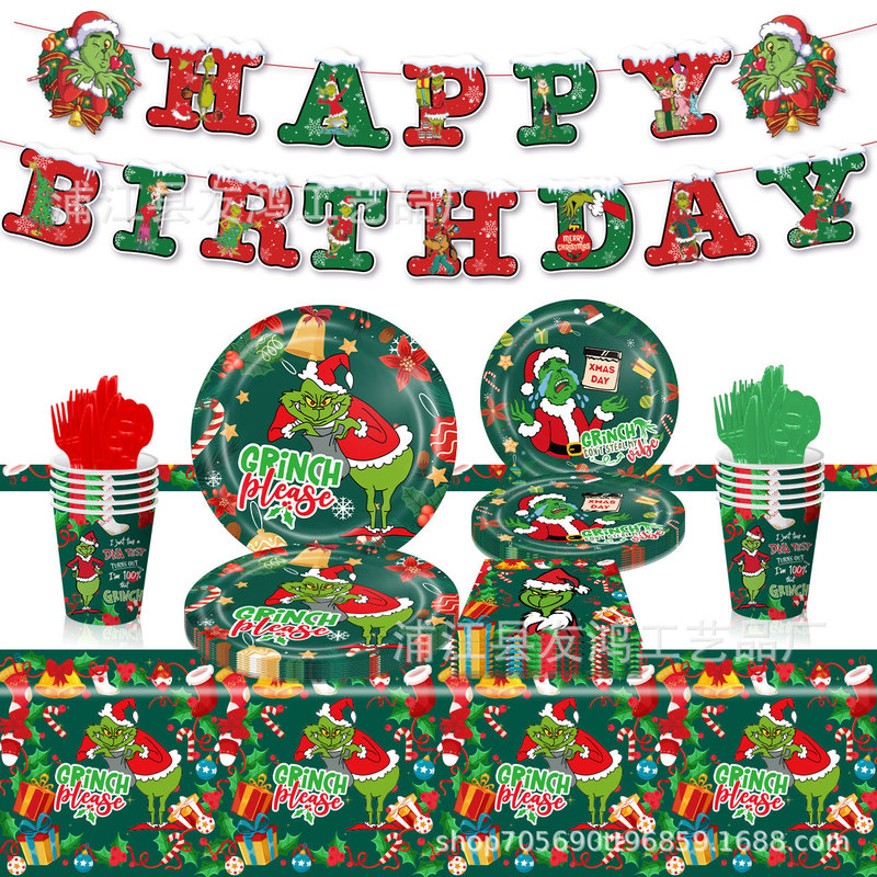 New Christmas Grinch Party Decorative Tableware Flag Tablecloth Set Supplies Layout Paper Plate Tableware Disposable