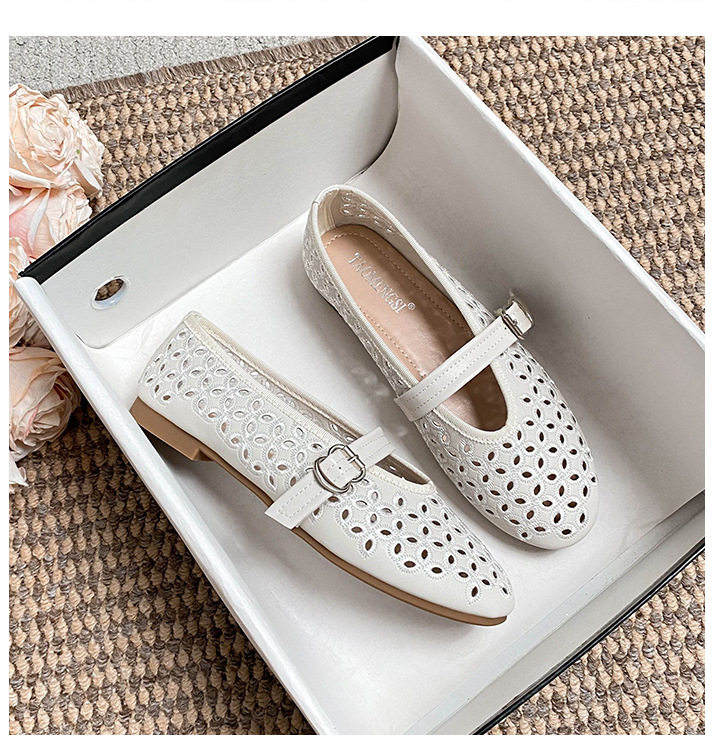 Giày búp bê nữ mũi tròn đế bằng thêu chỉ thoáng khí — Màu đen, Trắng sữa chi tiết 18