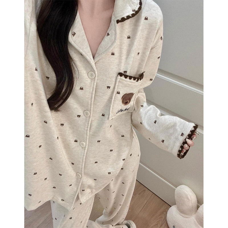 Winter pajamas, Korean-style cute bear design, double-sided fleece, open-front cardigan with a soft, plush texture, and shell embroidery for warmth, perfect for loungewear