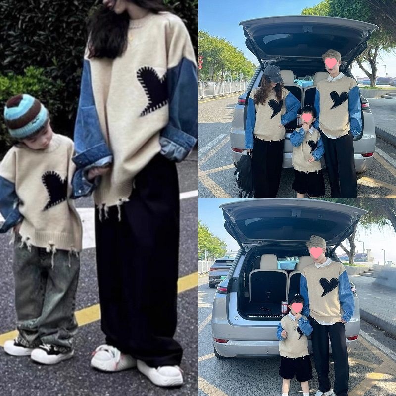亲子装毛衣一家三口秋冬装母子家装拼接撞色母女装针织衫潮