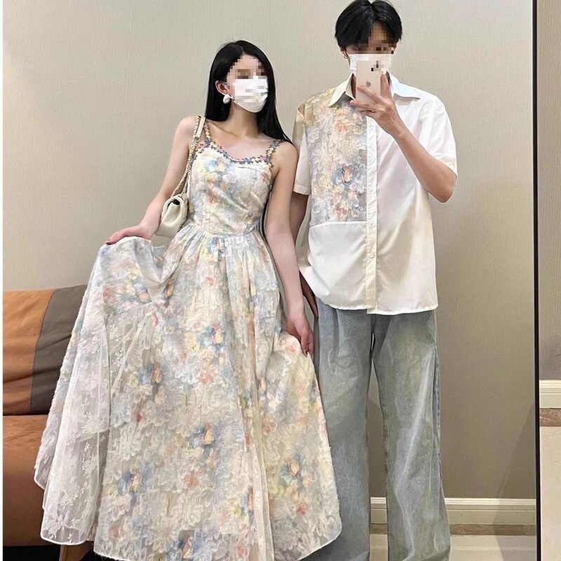 情侣装夏季碎花新中式国风改良连衣裙两件套一衣一裙子|undefined