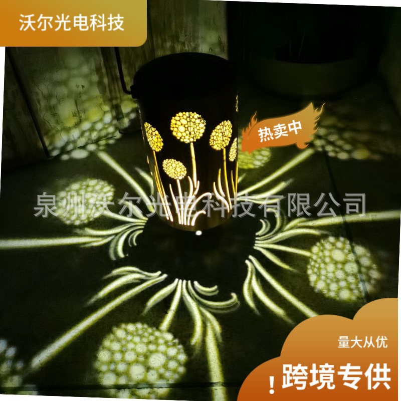 亚马逊跨境LED推荐 蒲公英镂空太阳能直筒灯笼IP65花园庭院装饰灯