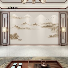 新中式水墨暖色山水壁纸电视沙发背景墙客厅卧室无缝墙纸影视墙布