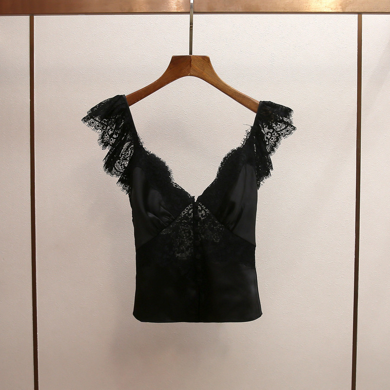 Spring and Summer New Stylish and Sexy V-Neck Heavy Lace Satin Patchwork Buttoned Camisole Top