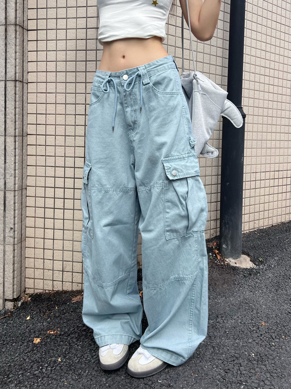 高街多口袋工装牛仔裤女夏季新款宽松休闲垂感阔腿拖地长裤子ins|undefined