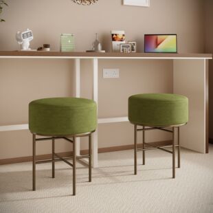 Set of Two Modern Minimalist Style Dressing Table Round Stools with Light Luxury Matcha Green Cushions for the Bedroom