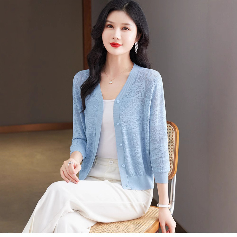 Summer New Knitted Cardigan Women's Ice Silk Thin Top Air-Conditioning Shirt Thin Outer Shawl Sun Protection Jacket Factory Direct