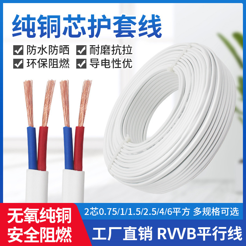 Pure Copper Wire 2 Core 1.5 2.5 4 6 Square Sheathed Wire Household Power Cord White Parallel Wire Cable Soft Wire Pure Copper Wire 2 Core 1.5 2.5 4 6 Square Sheathed Wire Household Power Cord White Parallel Wire Cable Soft Wire