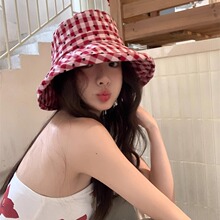 韩国ins休闲爱心格子大檐防晒渔夫帽女时尚百搭显脸小薄款遮阳帽