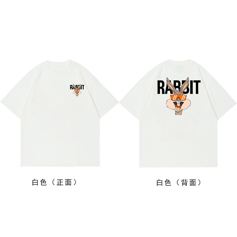 Meiyi Street Rabbit Print Short-sleeved T-shirt Pullover Summer New Pure Cotton Round Neck White All-match Base Top