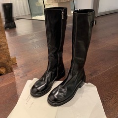 葡萄妈同款长筒不过膝靴女秋冬新款圆头褶皱显瘦粗跟百搭骑士靴
