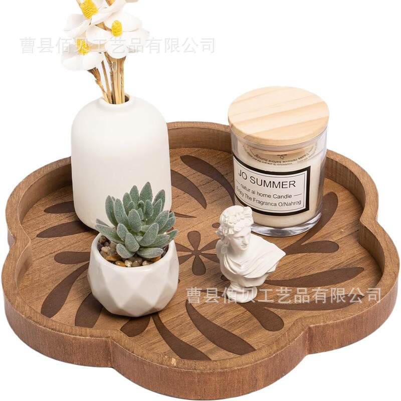 Wooden Scalloped Edge Decorative Tray Wooden Kitchen Carving Round Tray Light Luxury Vintage Aromatherapy Candle Holder Tray