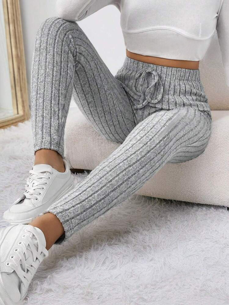 Women's Clothing autumn and winter style solid color plus velvet drawstring tight warm high waist outer wear leggings_voghion.com