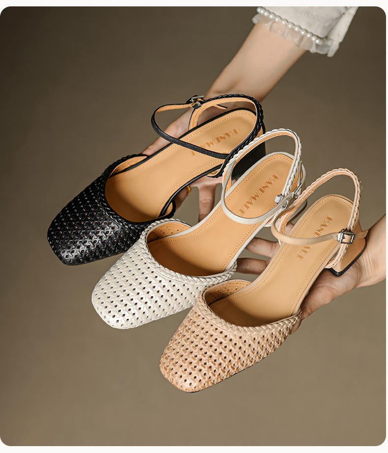 Giày sandal cao gót nữ quai ngang mũi tròn da bò, gót 5 cm — đen chi tiết 11