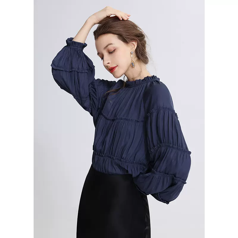 2025春季新款女式拼接褶皱木耳边上衣纯色长袖百搭中长款套头衬衫