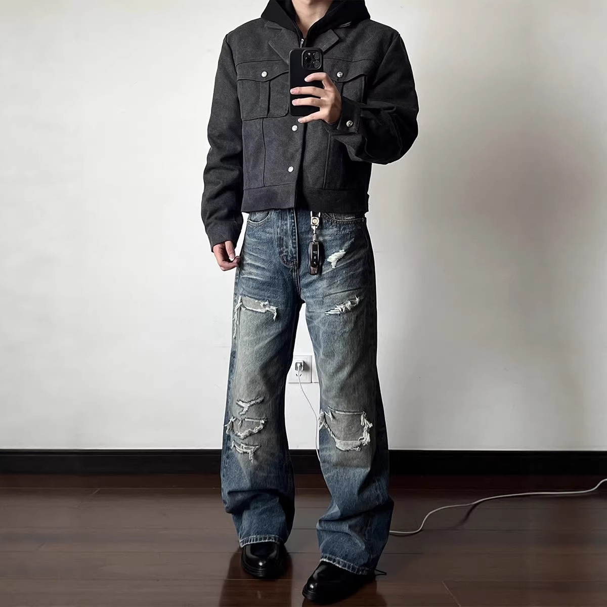Men's Distressed Washed Denim Jeans With Rip & Frayed Details, Loose Fit Straight Leg Pants, Vintage Streetwear Style For Casual Wear_mkmklike.com