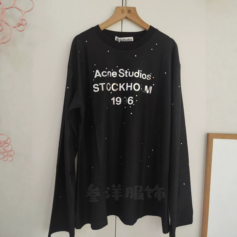 All Three Tags Intact Ac American Retro Style Sequin Letter Print 1996 Rhinestone Mirror Long-Sleeve T-Shirt Loose Top for Women