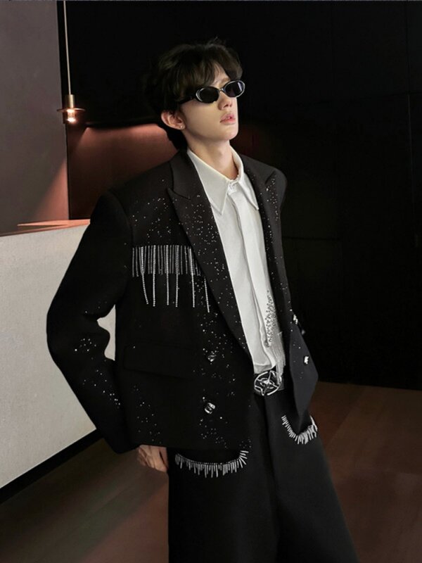 Men's Short Tassel Blazer with Starry Pattern, Nightclub Bar Performance Outfit, Spring High-End Stylish Suit Jacket