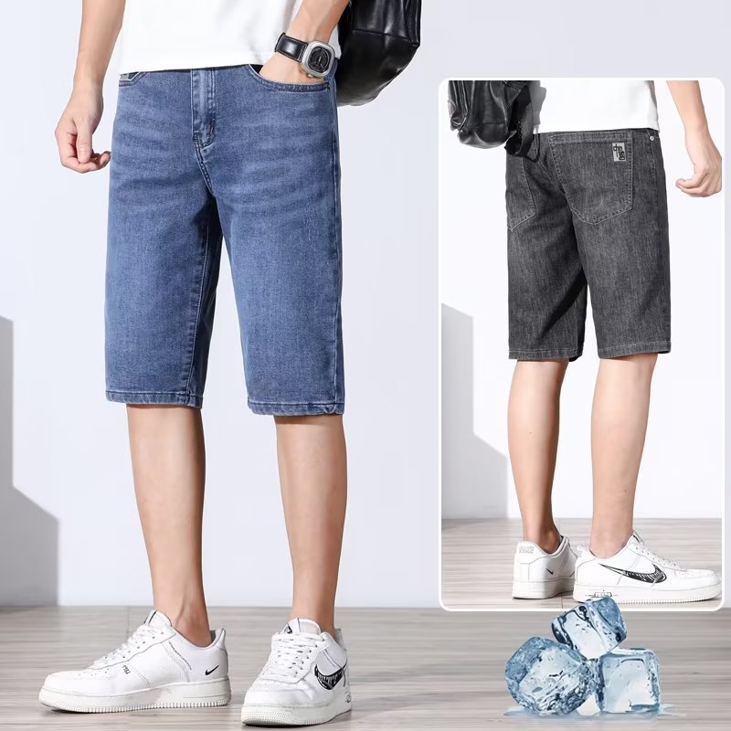 Pantalones de cinco puntos casuales elásticos de verano fino de los hombres de moda de mezclilla 2023