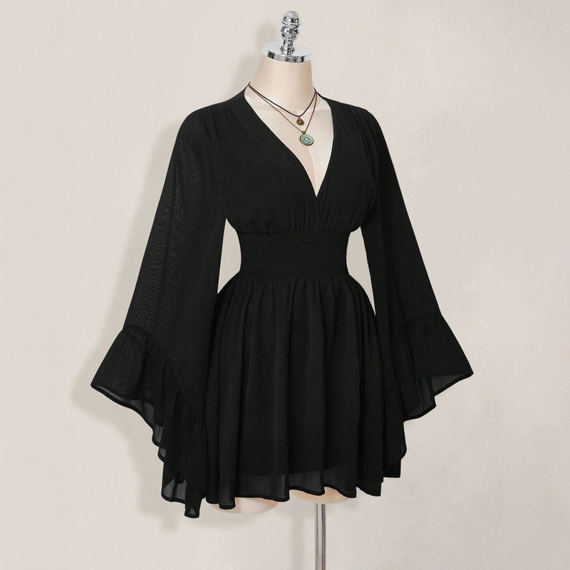 Women's Casual Cute Elegant Bell-Sleeve Waist-Cinching V-Neck Short Dress Women's Casual Cute Elegant Bell-Sleeve Waist-Cinching V-Neck Short Dress