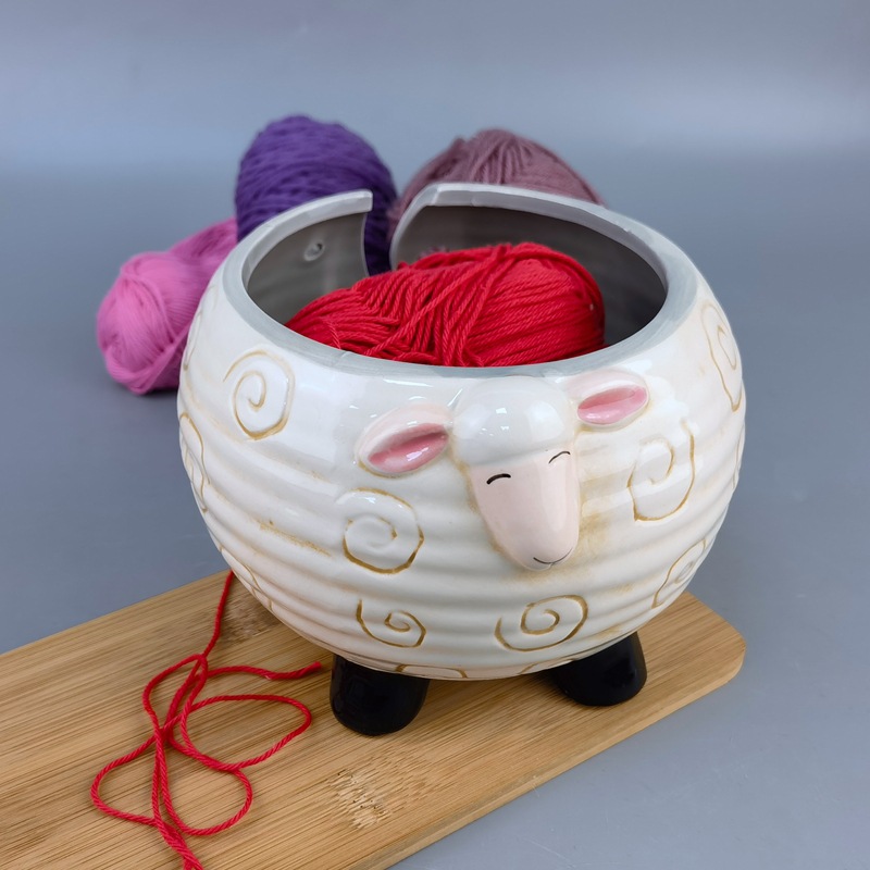Exportación de comercio exterior, linda oveja de cerámica, forma de animal, bola de lana, cuenco, almacenamiento de costura textil, hogar