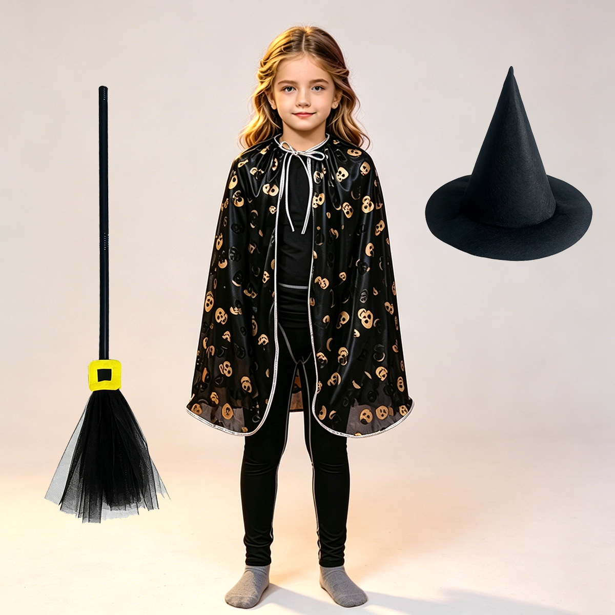 CA264001+round rim black witch hat+black gauze square button broom