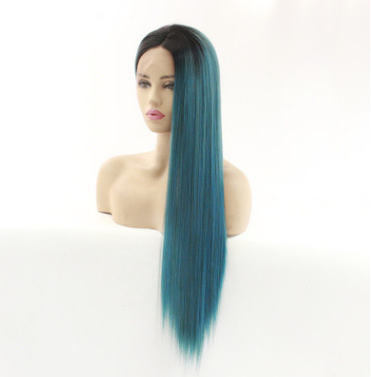 Comercio exterior exportación de fibra química europea y americana pelucca de encaje mitad gancho de mano cubierta de cabeza corta mezcla azul cabello largo recto LW0042