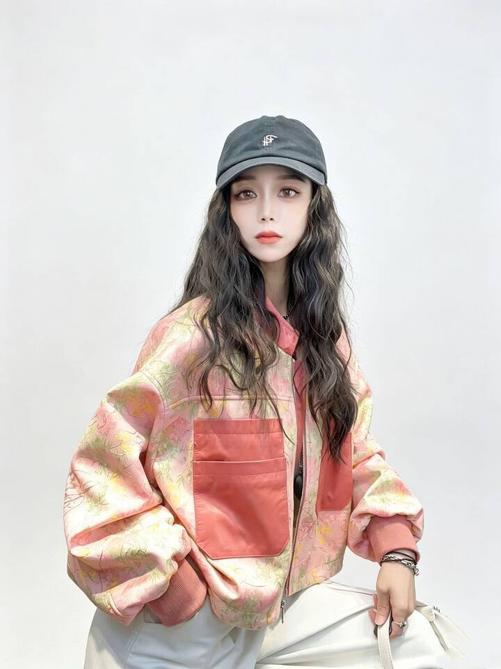 Áo khoác cardigan nữ dáng rộng họa tiết retro in 3D cổ đứng khóa kéo — Màu cam, Màu hồng chi tiết 5