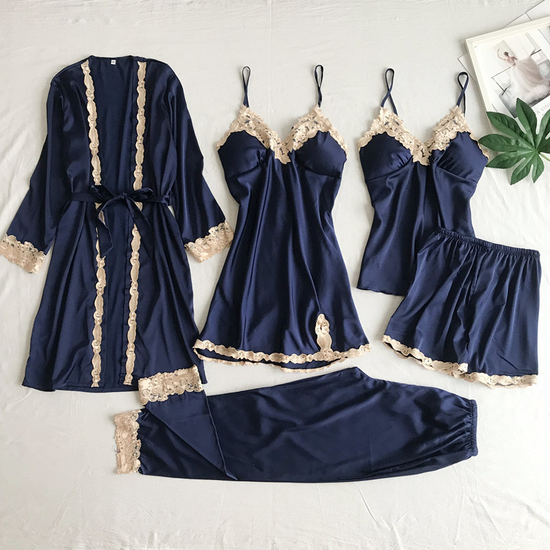 Cross-border supply imitation silk pajamas sexy underwear five-piece sling women's home clothes bathrobe robe large size wholesale