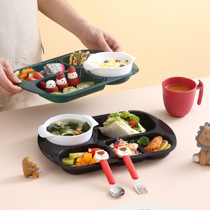 Christmas Dinner Plate Deepened Split Plate Household Children's Large-capacity Plastic Five-compartment Rice Plate with Bowl and Cup Fork and Spoon suit