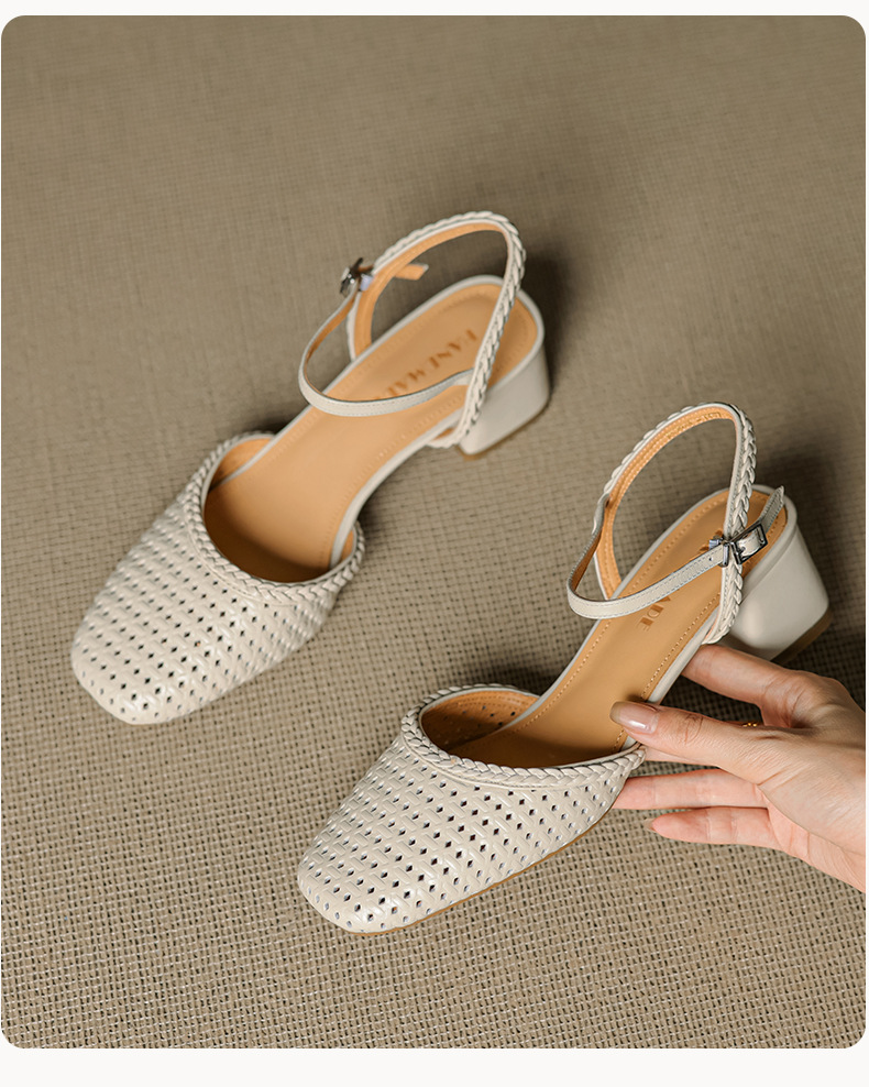 Giày sandal cao gót nữ quai ngang mũi tròn da bò, gót 5 cm — đen chi tiết 14