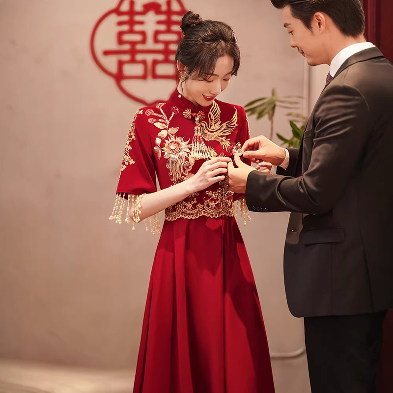 Chinoiserie Toast Dress Bride Cheongsam Small Burgundy Wedding Bride Evening Dress Female Engagement Home New Chinoiserie