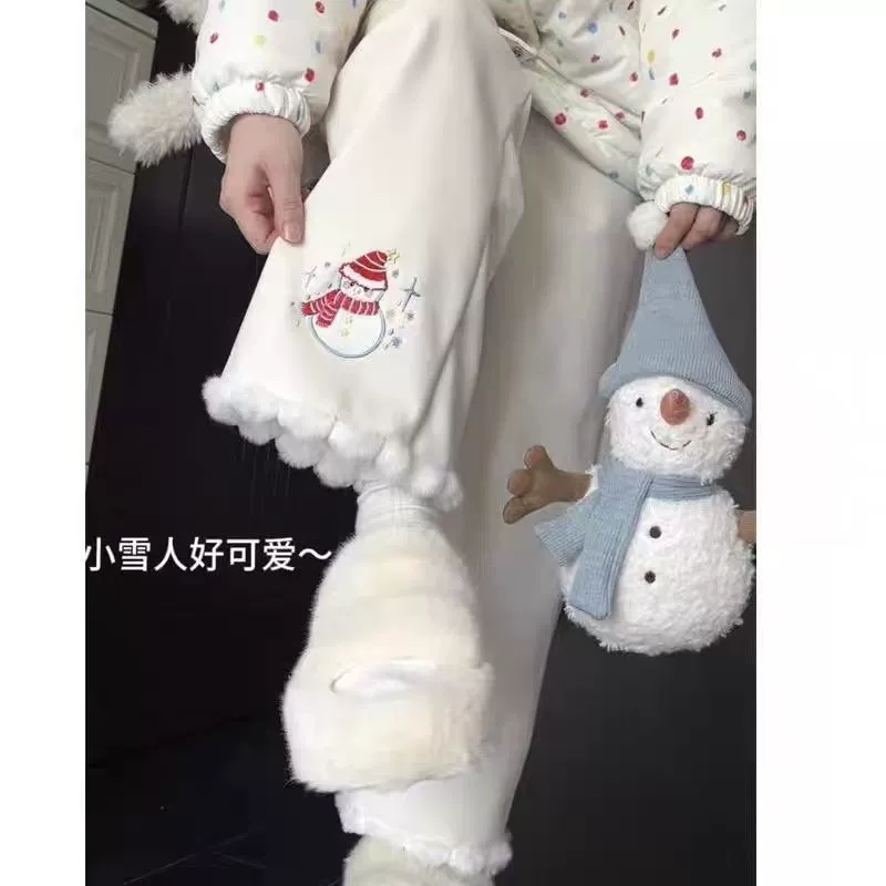 Снеговик вышивка плюс бархатные японские брюки свободные студенческие широкие ноги толстые и прямые осенние и зимние милые повседневные брюки зимняя девушка