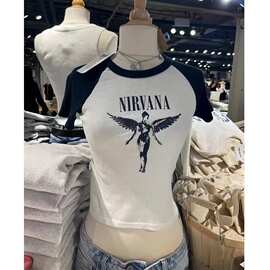 BM风美式圆领天使罗纹藏青拼白色翅膀短袖T恤女 bm修身辣妹上衣潮