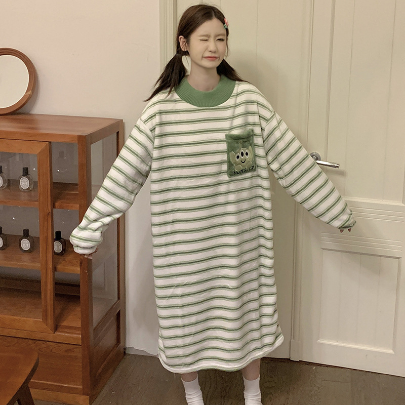 Invierno pijamas de la muchacha del camisón franela cuello redondo Jersey manga larga vestido dibujos animados lindo dulce homewear caliente