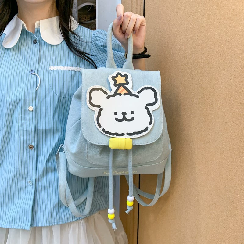 超火HelloKitty小号牛仔布双肩包205新款可爱高级感抽绳收纳背包