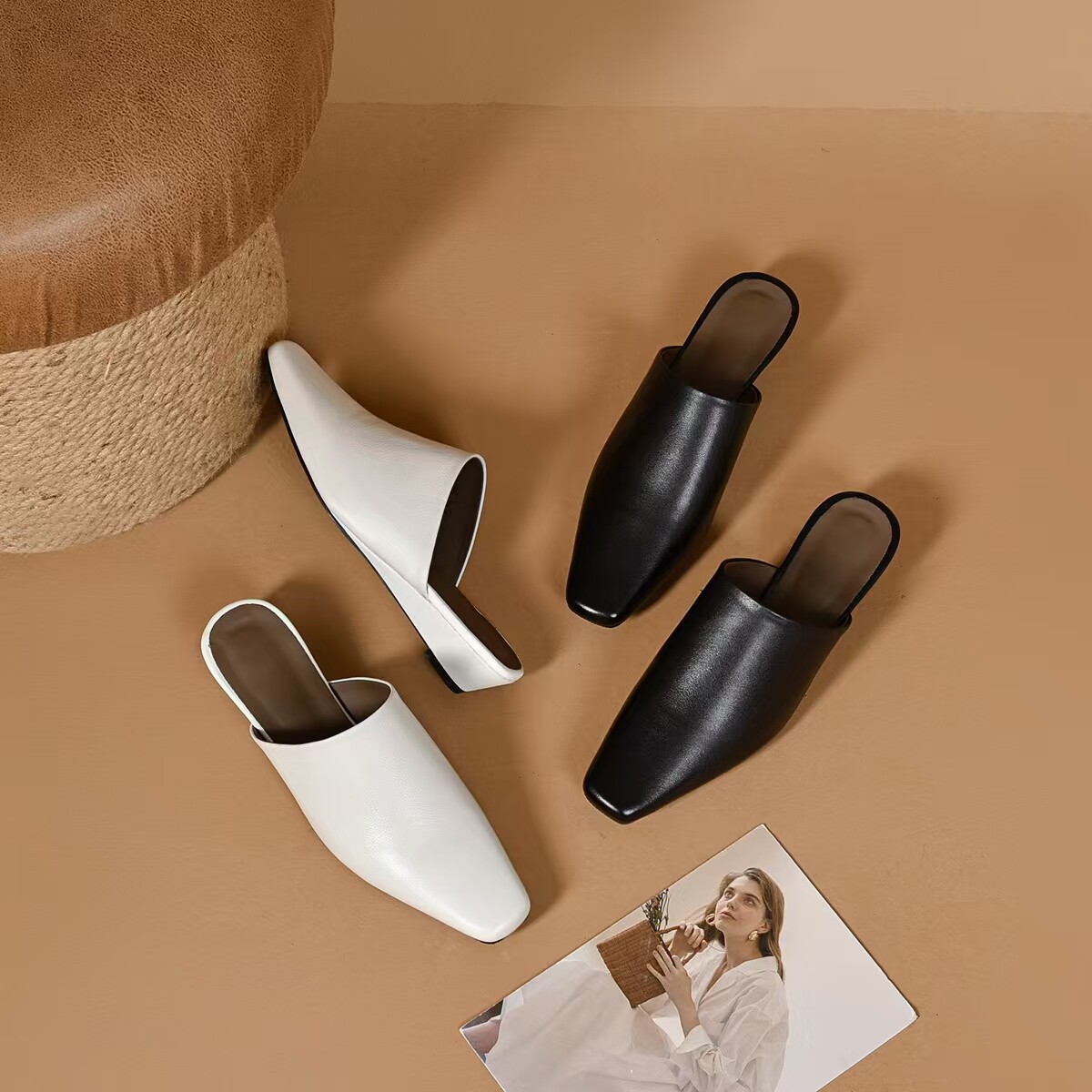 Dép sandal nữ da thật mũi vuông quai chữ V đế bệt chống trượt — màu đen chi tiết 9