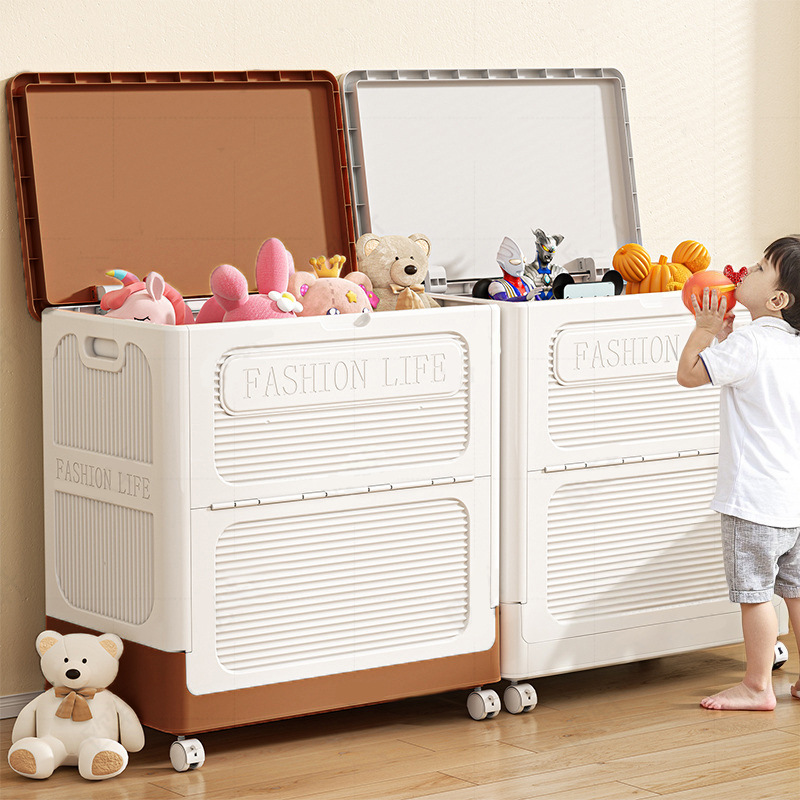 Clothes Storage Box Flip Cover Large Capacity Household Clothes Tidy Box with Pulley Quilt Toy Multifunctional Storage Cabinet