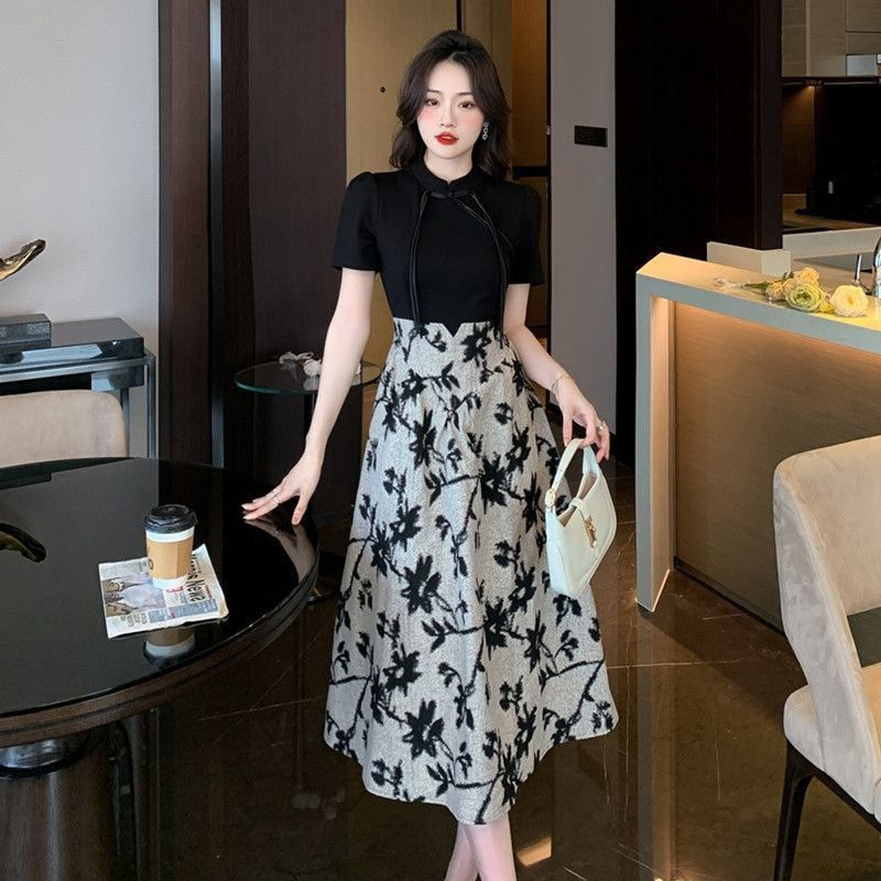 New Chinese Retro National Style 2025 Summer New Cheongsam Dress Plus Size Women's French Stand Collar Splicing Petite New Chinese Retro National Style 2025 Summer New Cheongsam Dress Plus Size Women's French Stand Collar Splicing Petite
