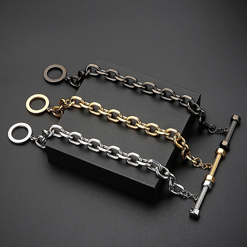PVD Coated Gold Plating Process 18K Real Gold Plated Plating Material Punk Classic Style Streetwear Geometric Titanium Steel Plating 18K Gold Plated Vacuum Plating Men's Bracelets Men's Chain Bracelets