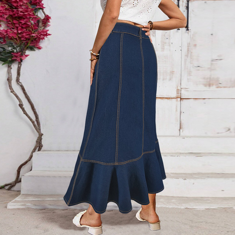 Women's Button-Down Denim Mermaid Skirt, Stretchy Washed Denim Maxi Skirt With Flared Hem, Elegant Tailored Fit_ecoleips.com