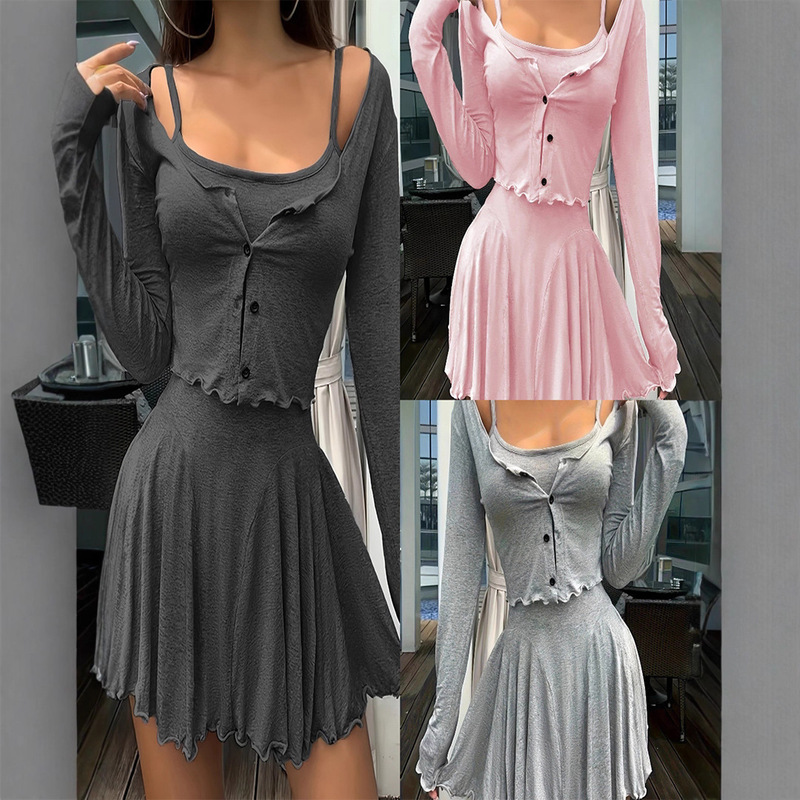 2025 Sweet Hot Girl Suit Women's Retro Casual Cardigan Jacket Layered Summer Suspender Dress Two-Piece Set