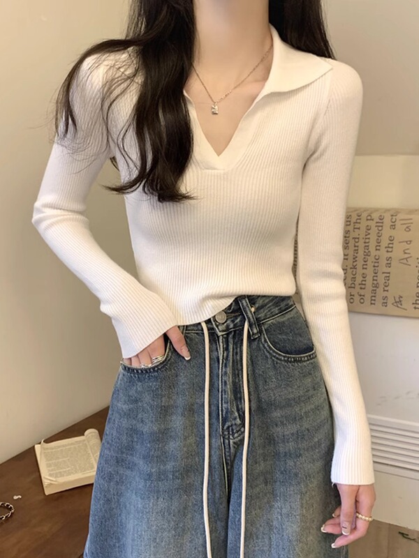 睛雅服饰灰色POLO领针织打底衫女夏季2025年新款纯欲修身短款上衣|undefined