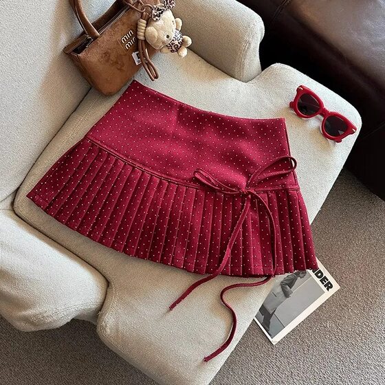Improved style, please look at the real thing before placing an order. Academic style wave point pleated skirt female bow tie skirt
