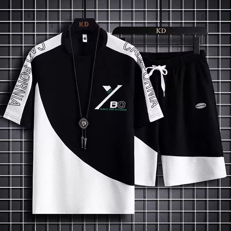 Waffle Casual Set Hombre Verano Juvenil Largo Deportivo de hombre Pantalones cortos de manga corta con un juego de 1 / 2 piezas