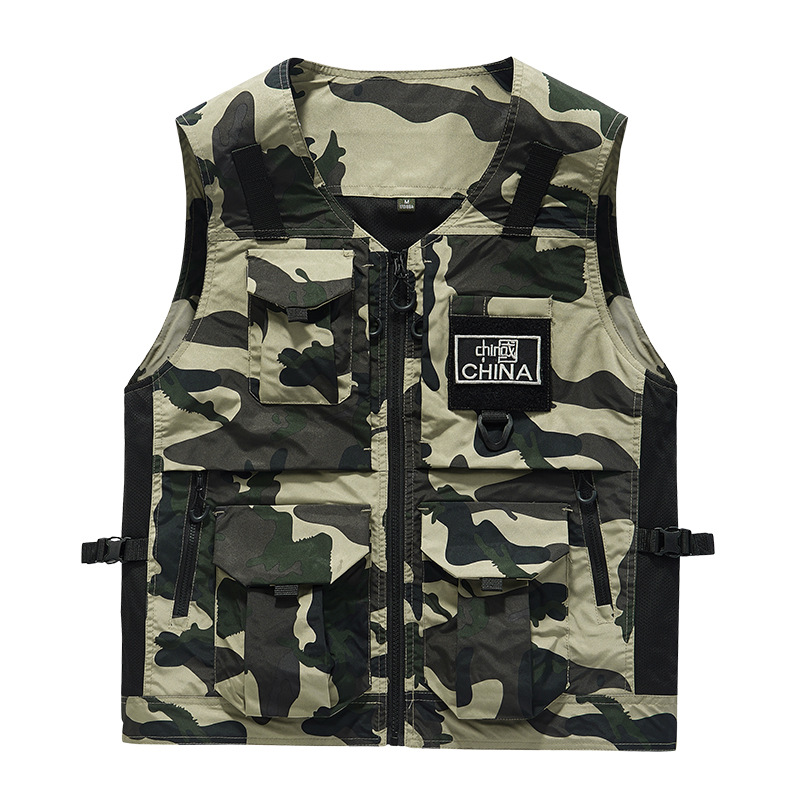 China estilo de hombre chaleco 2023 otoño al aire libre camuflaje bolsas de pegatina de cuello vertical chaleco de trabajo casuales chaqueta