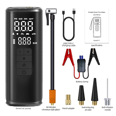 Cross-border wireless smart car air pump with power bank, large-capacity multifunctional inflator with automatic stop (Hava nasosu) - v1-002-6000mah-smart-clipcolor-box-black