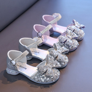 Girls' Small High-Heeled Rhinestone Princess Shoes 2025 Summer Little Girl's Rhinestone Big Bow Performance Shoes Crystal Shoes