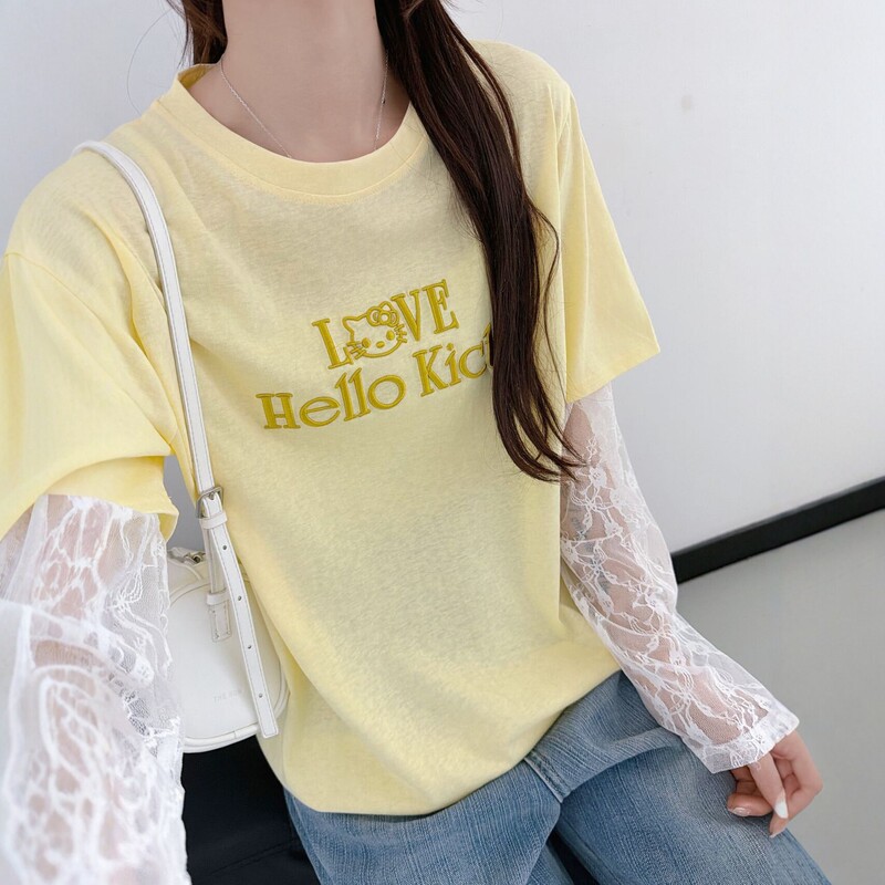 New Korean-Style Hello Kitty Embroidered Faux Two-Piece Long-Sleeve T-Shirt, Loose Round-Neck Lace Patchwork Pullover Top New Korean-Style Hello Kitty Embroidered Faux Two-Piece Long-Sleeve T-Shirt, Loose Round-Neck Lace Patchwork Pullover Top