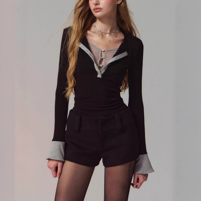 Soufflé Design Lace Fake Two-Piece Spliced ​​Henry Collar Slim Layered Long-Sleeved T-Shirt